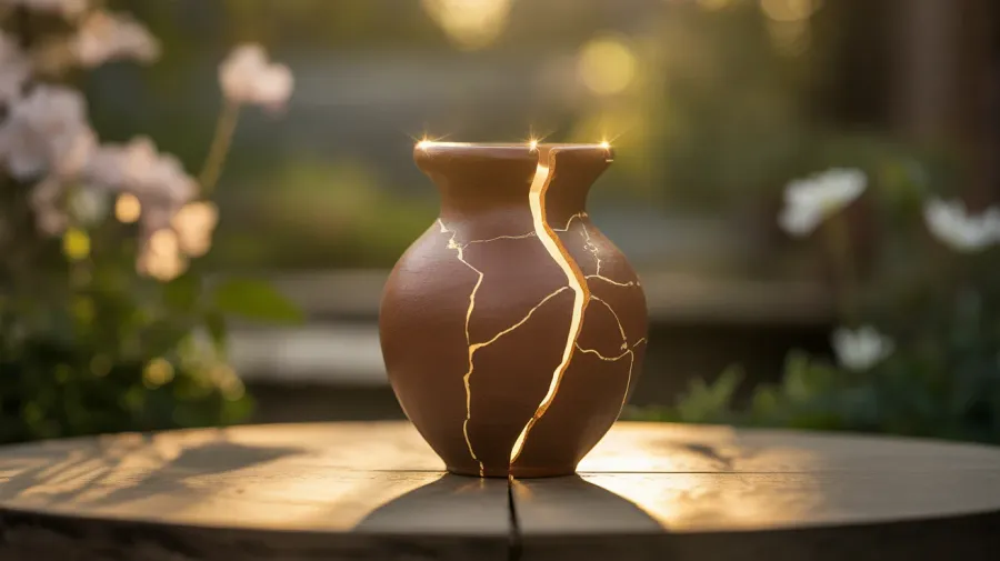 Handcrafted rustic ceramic clay jar with fractures filled with warm golden light beside a serene woman, representing Christian self-esteem supported by Psychologist Eliza Chagas.