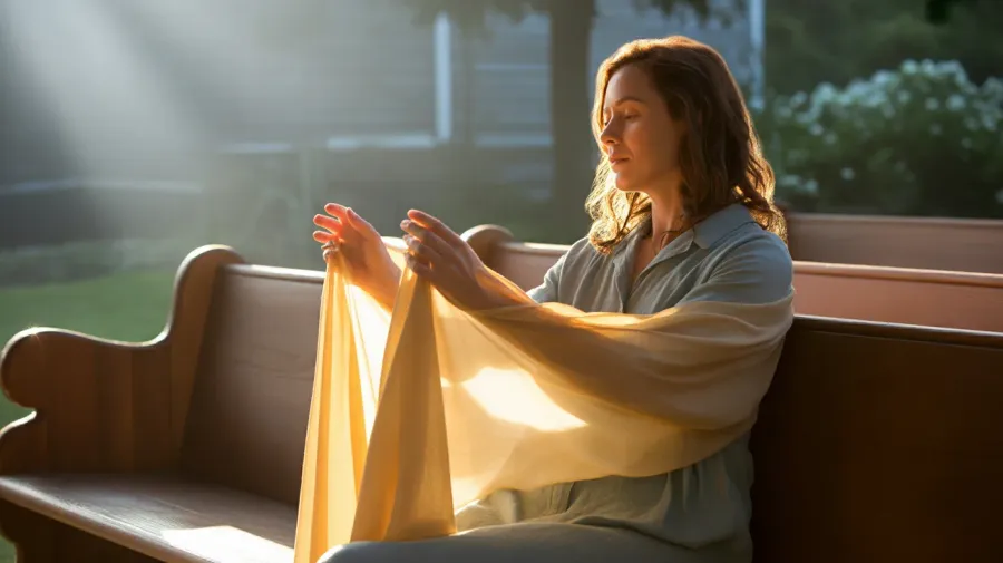 Christian woman sitting quietly on a wooden church pew in contemplative rest, illustrating ministerial burnout recovery guided by Psychologist Eliza Chagas.