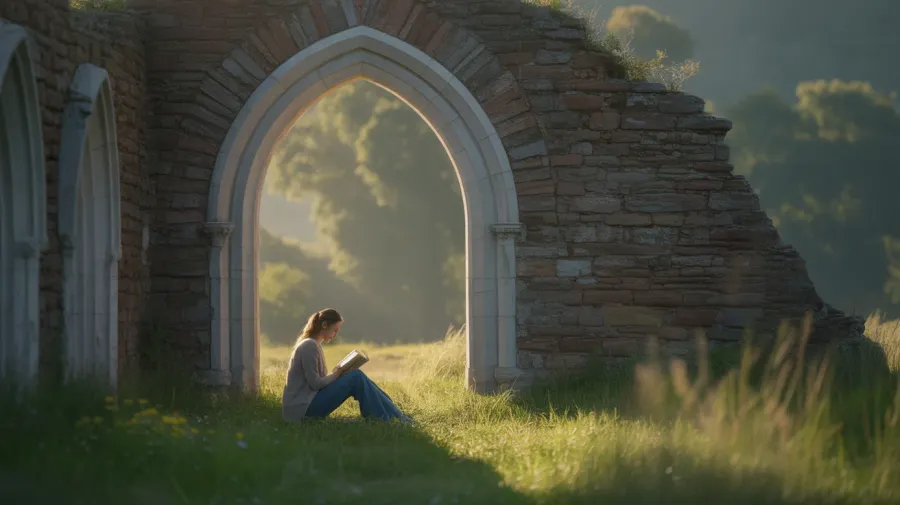 Thoughtful woman holding a Bible standing in a wide-open natural landscape at golden hour, representing the unchurched supported by Psychologist Eliza Chagas.