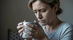 Mulher com expressão pensativa segurando uma xícara, representando ansiedade e fé