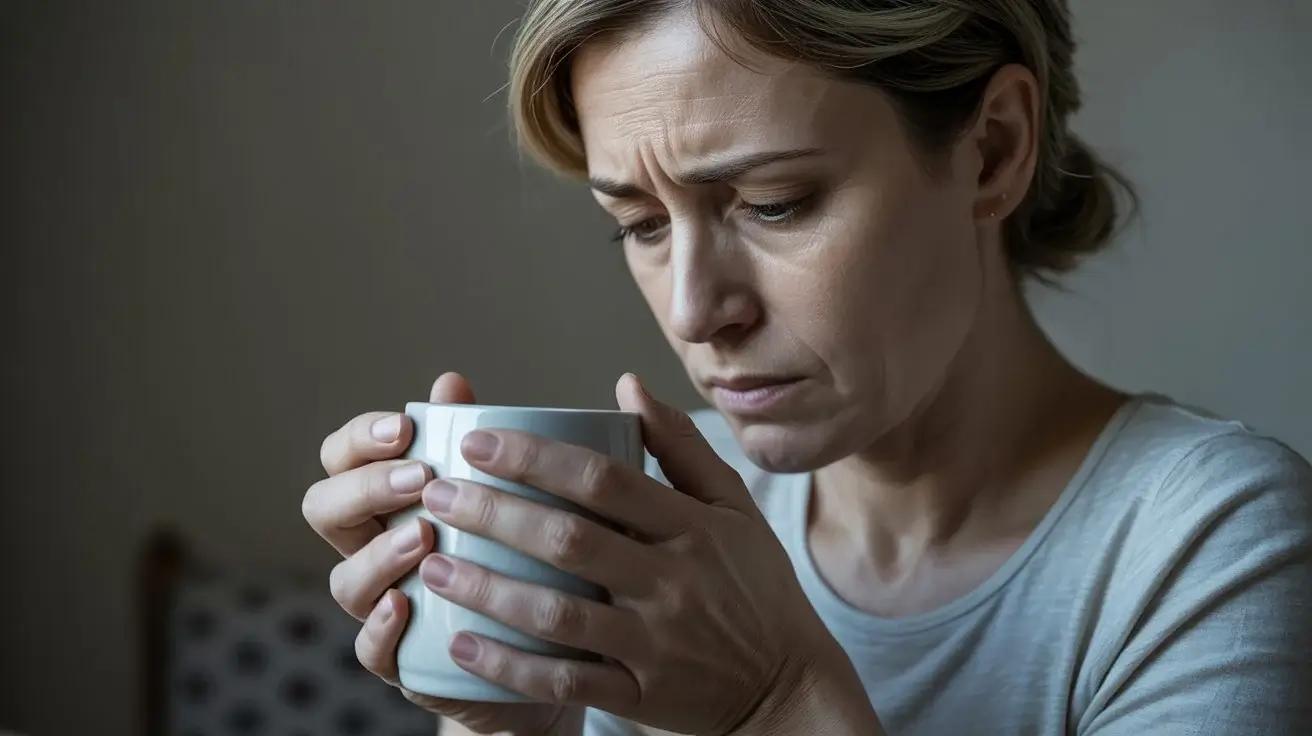 Mulher com expressão pensativa segurando uma xícara, representando ansiedade e fé
