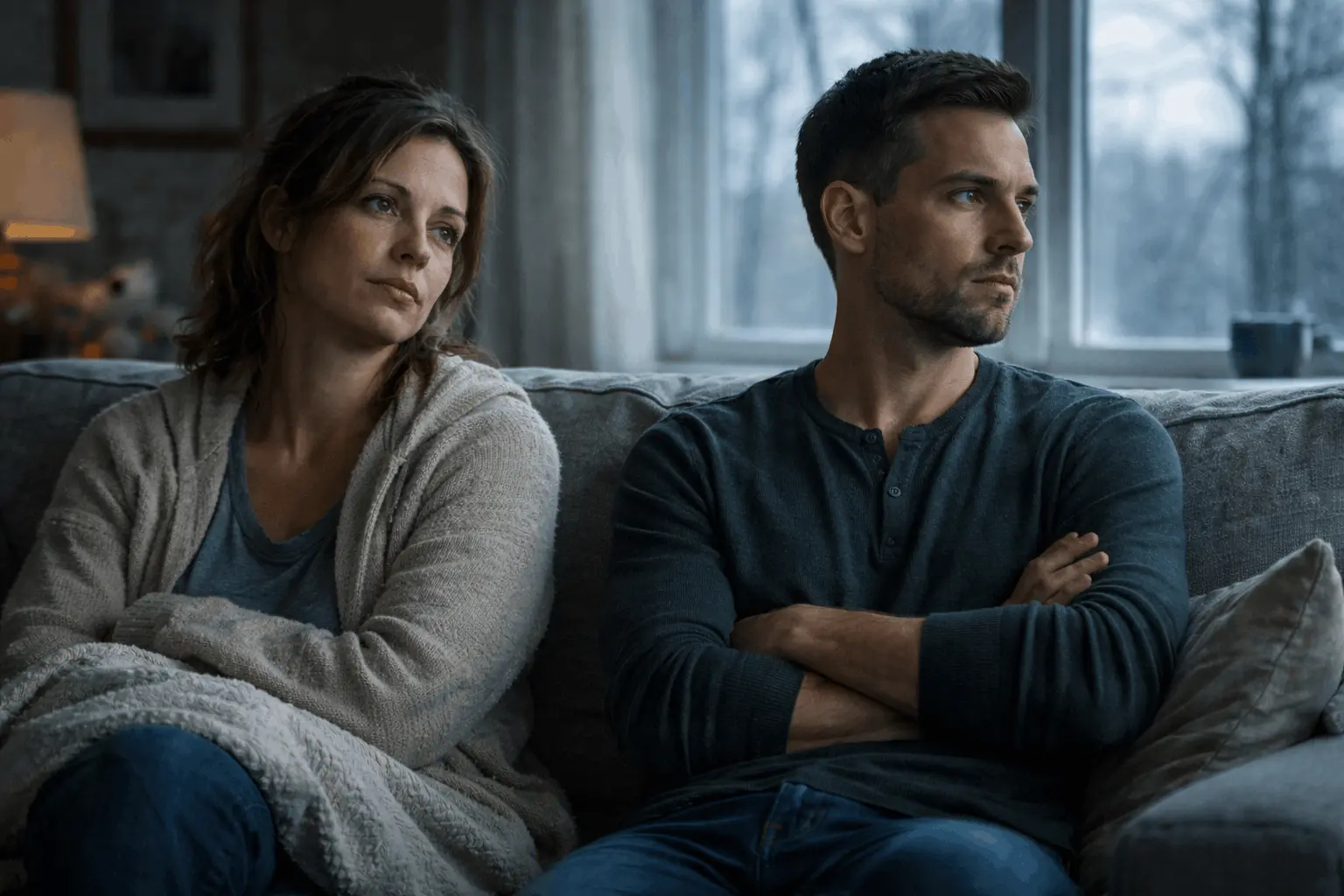 Casal distante e reflexivo, representando a crise conjugal de brasileiros vivendo no exterior