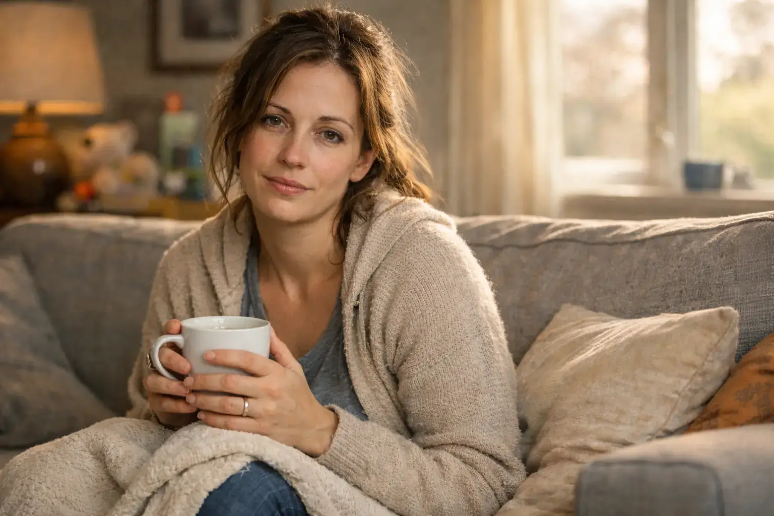 Mãe com olhar cansado segurando uma xícara, representando a exaustão e a culpa materna cristã