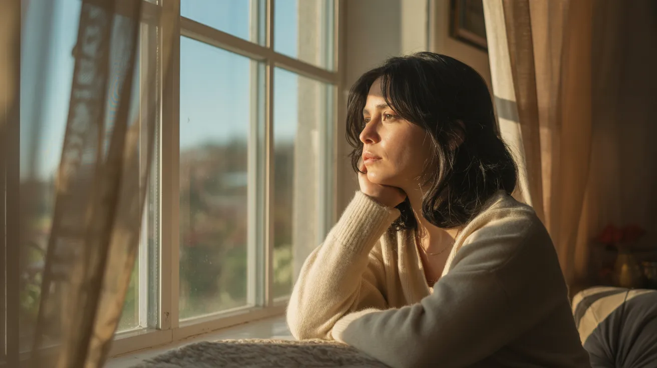 Mulher com expressão reflexiva olhando para uma janela, representando a dúvida entre depressão e crise espiritual.