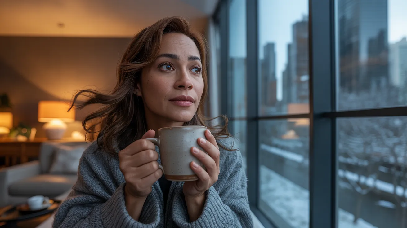 Mulher brasileira expatriada olhando pela janela com expressão de saudade, representando o luto migratório.