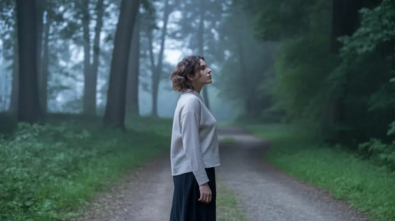 Mulher em um caminho com neblina, representando a busca por propósito e a crise de identidade