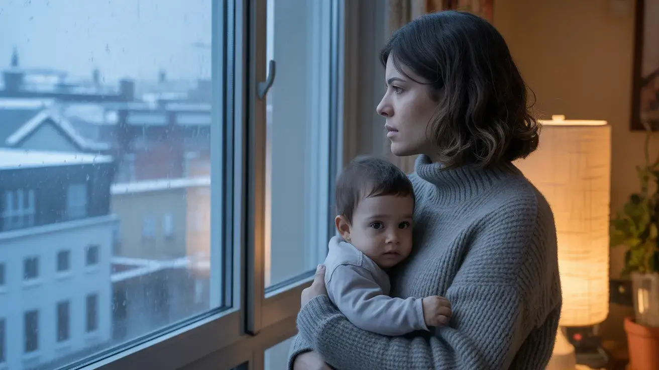 Mãe reflexiva com seu filho, representando os desafios e a solidão da maternidade no exterior.
