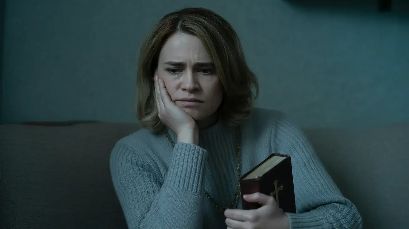 Mulher com olhar machucado e reflexivo, representando a dor do trauma religioso e do abuso espiritual