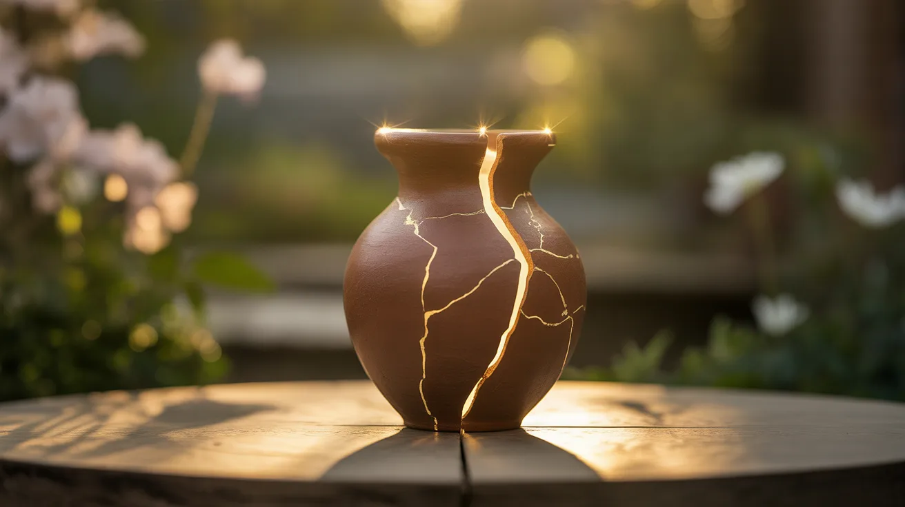Vaso de barro com rachaduras em ouro (estilo kintsugi) representando a fragilidade humana e o valor da autoestima cristã - Psicóloga Eliza Chagas