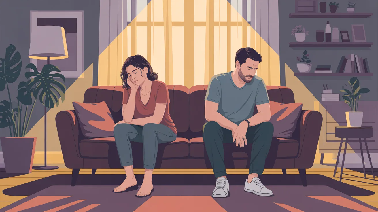 Casal exausto e distante no sofá, representando os efeitos do burnout e do estresse crônico sobre a comunicação conjugal - Psicóloga Eliza Chagas.