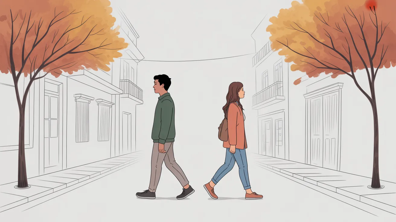 Casal andando em direções opostas numa rua estrangeira, representando o distanciamento afetivo na crise conjugal causada pela imigração - Psicóloga Eliza Chagas.