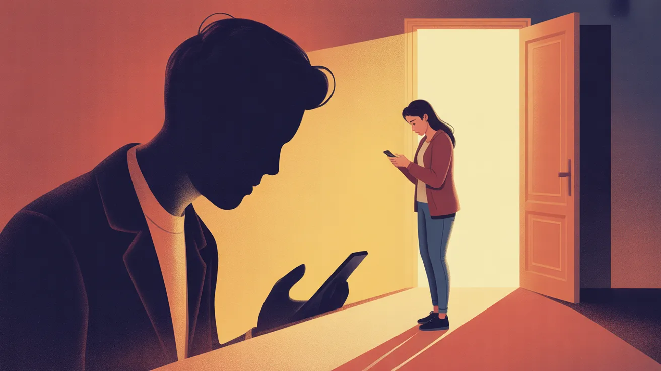 Mulher ansiosa olhando o celular com a sombra do parceiro ao fundo, representando a dependência emocional no casamento - Psicóloga Eliza Chagas.