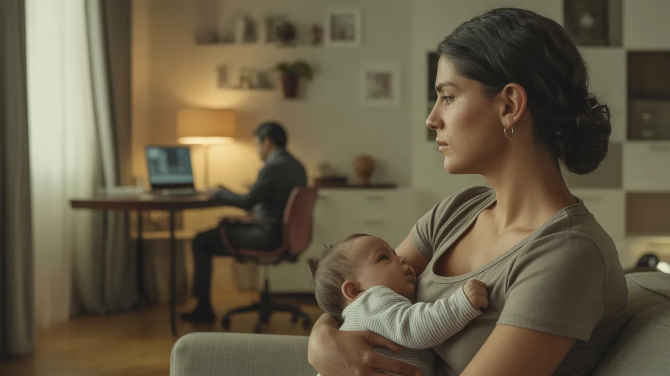 Mãe brasileira exausta com bebê no colo olhando pela janela com o parceiro distante ao fundo, ilustrando a crise no casamento por falta de rede de apoio no exterior - Psicóloga Eliza Chagas.