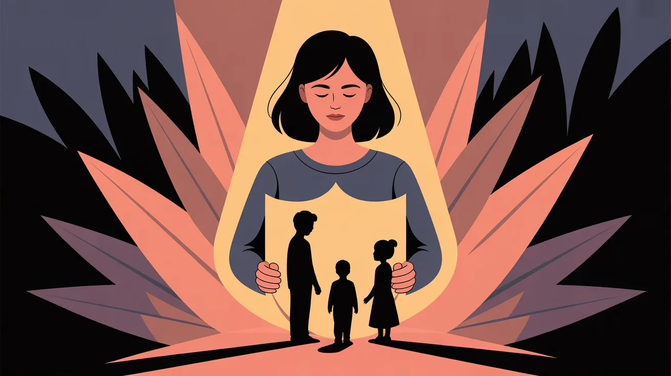Mulher protegendo sua família com uma barreira de luz frente a dinâmicas invasivas, representando limites saudáveis em relacionamentos familiares tóxicos - Psicóloga Eliza Chagas.