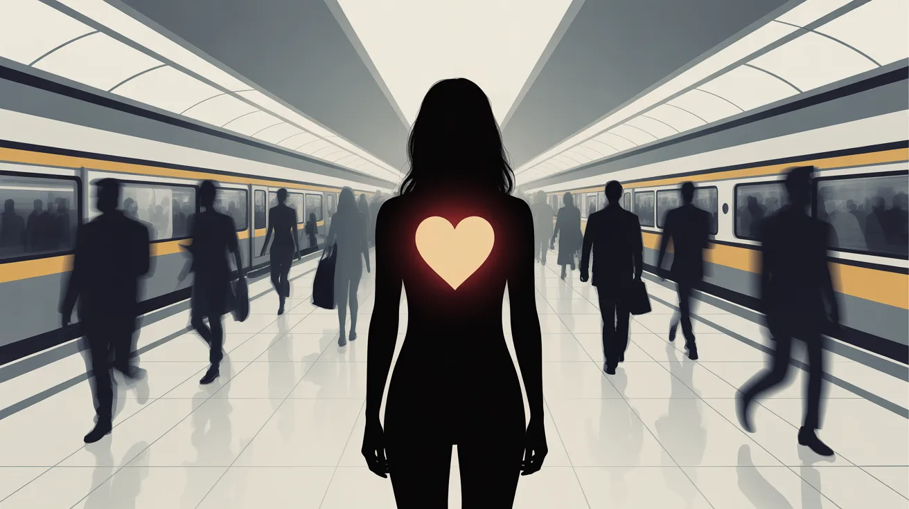 Mulher brasileira sentindo solidão em meio a uma multidão no exterior, representando o luto social da expatriação - Psicóloga Eliza Chagas.