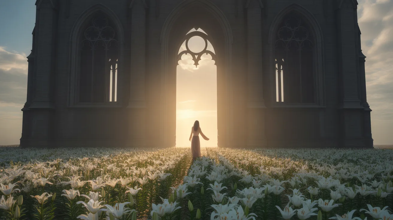 Mulher saindo de um ambiente sombrio para a luz, representando a libertação do trauma religioso e a cura espiritual - Psicóloga Eliza Chagas.